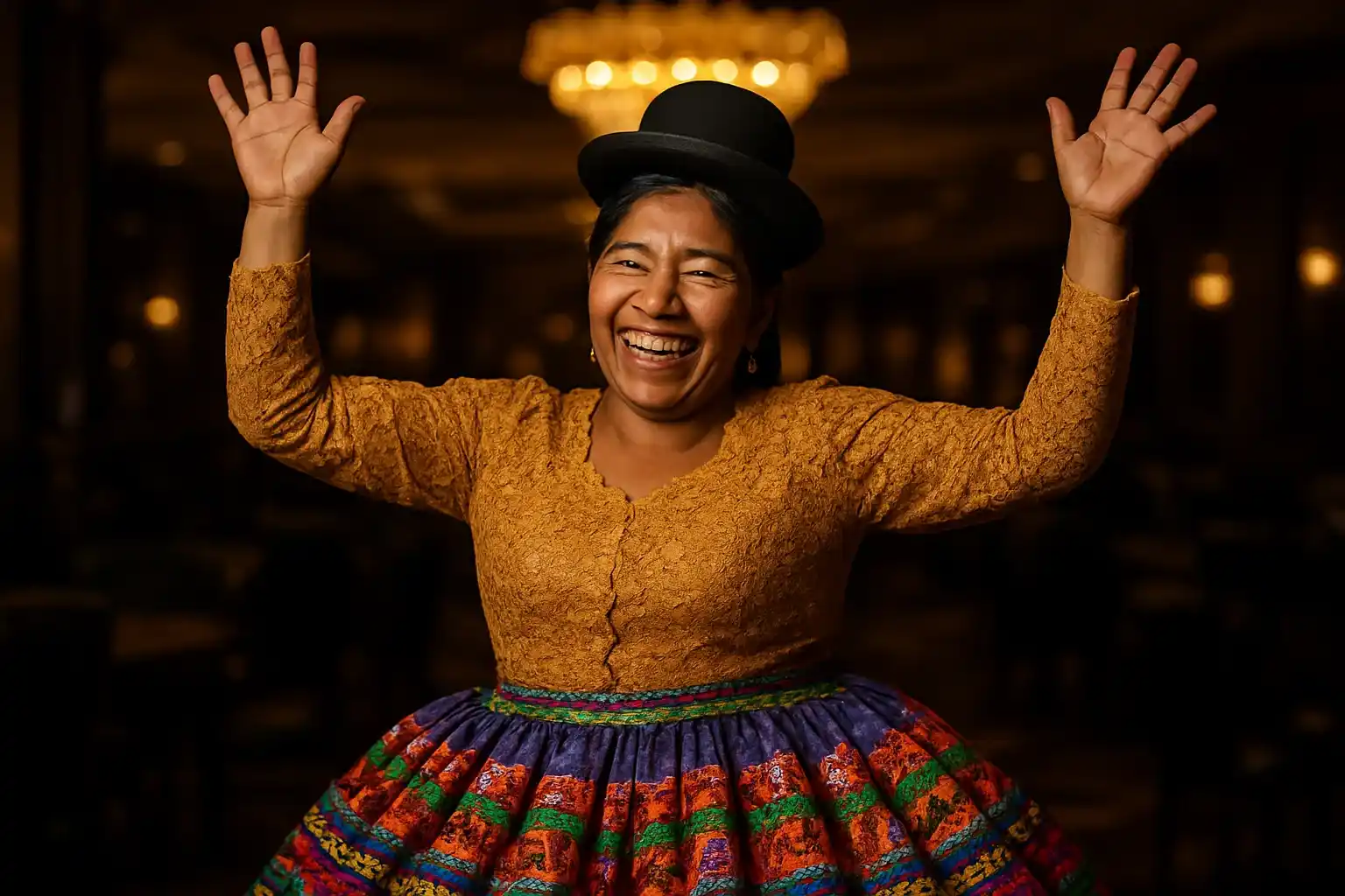 Mujer boliviana alegre con pollera colorida en salón VIP de casino