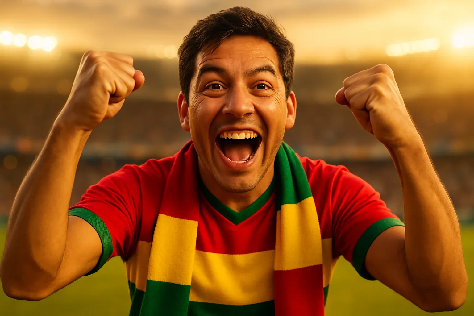 Hincha boliviano celebrando con puños en alto en estadio desenfocado