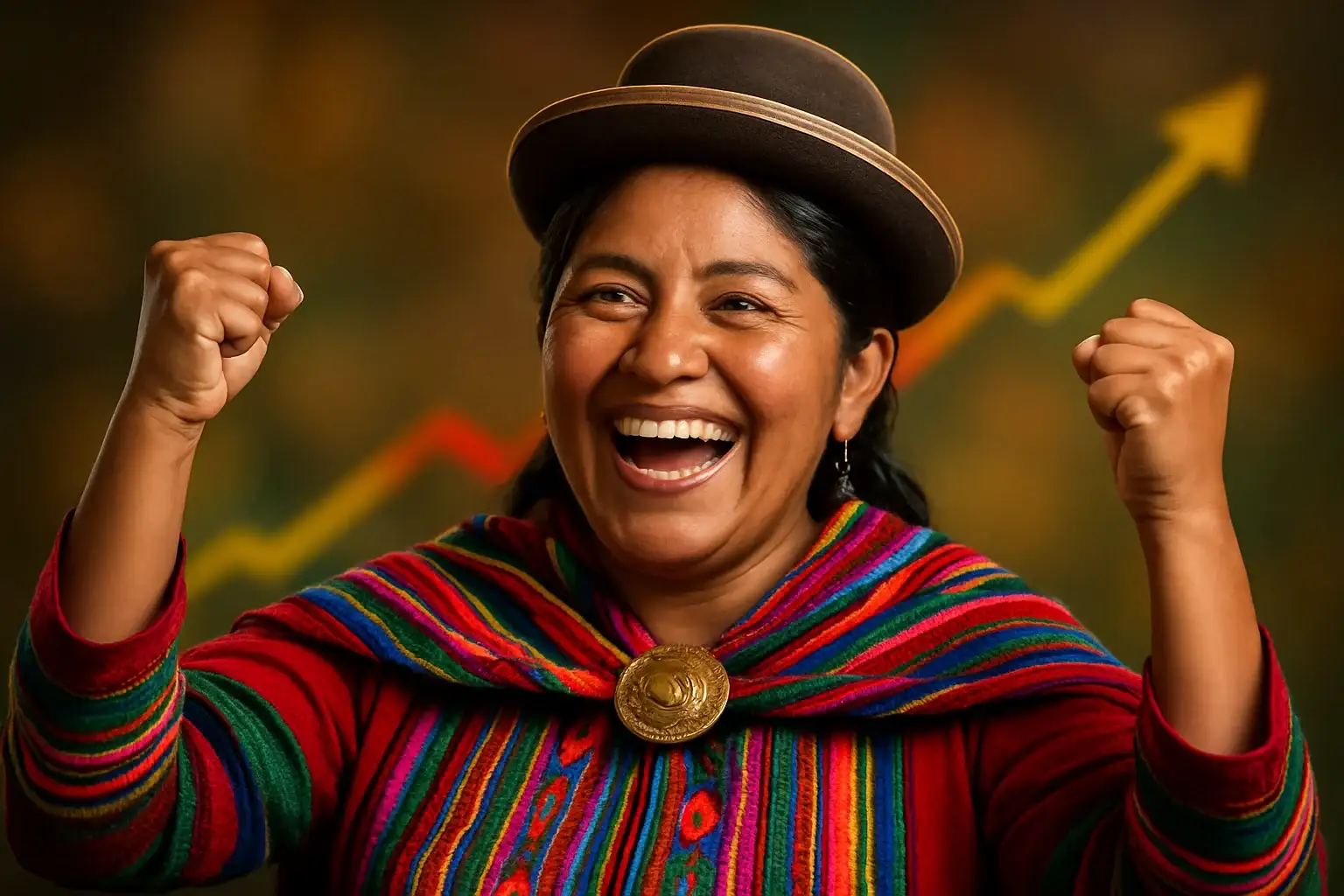 Mujer boliviana emocionada celebrando con puños alzados y colores andinos