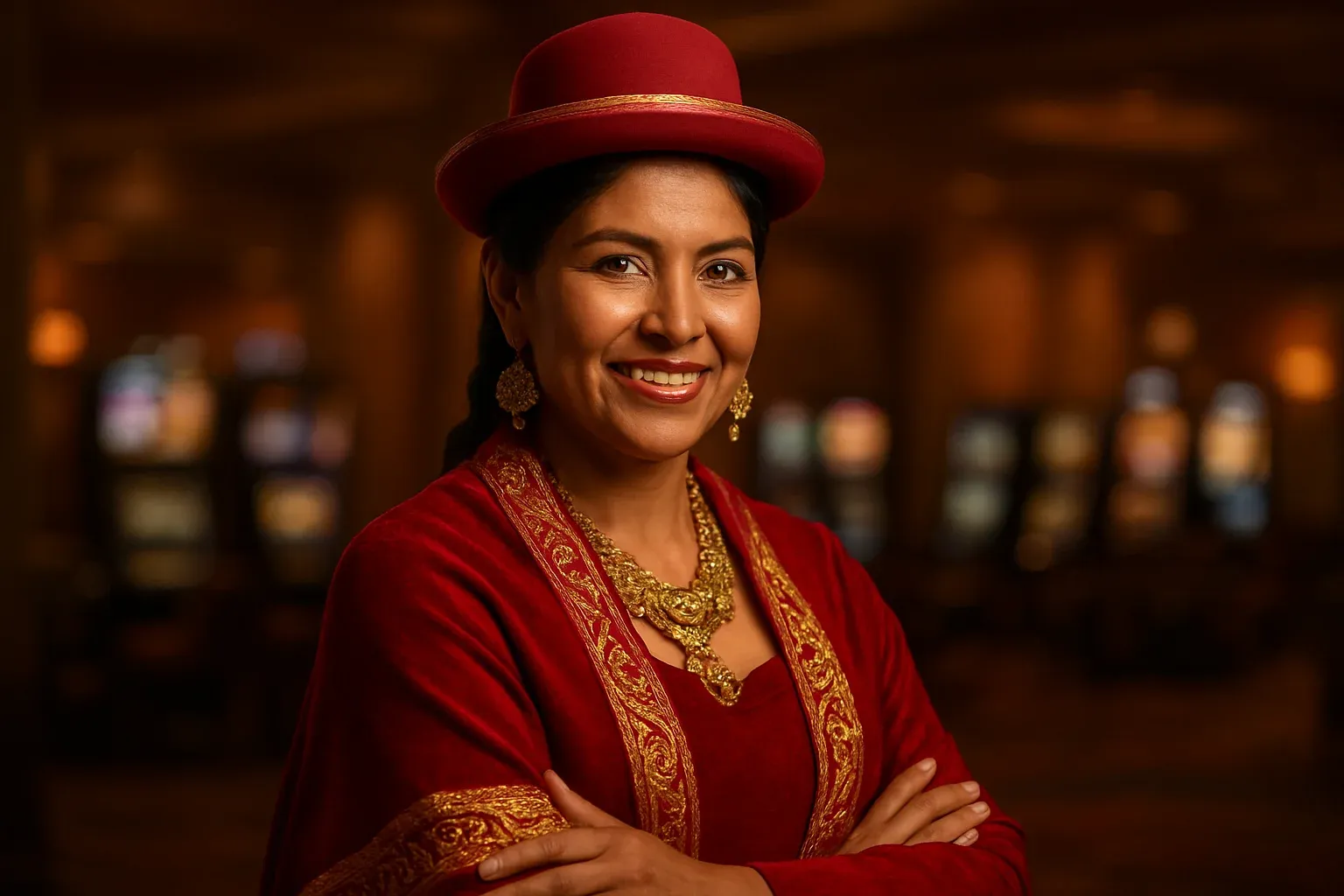 Retrato profesional de mujer boliviana elegante sonriendo en estudio de casino