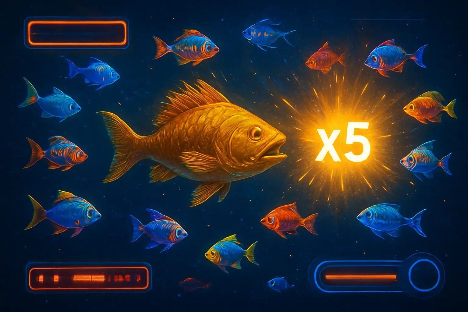 Pez jefe dorado con peces tropicales brillantes en juego submarino