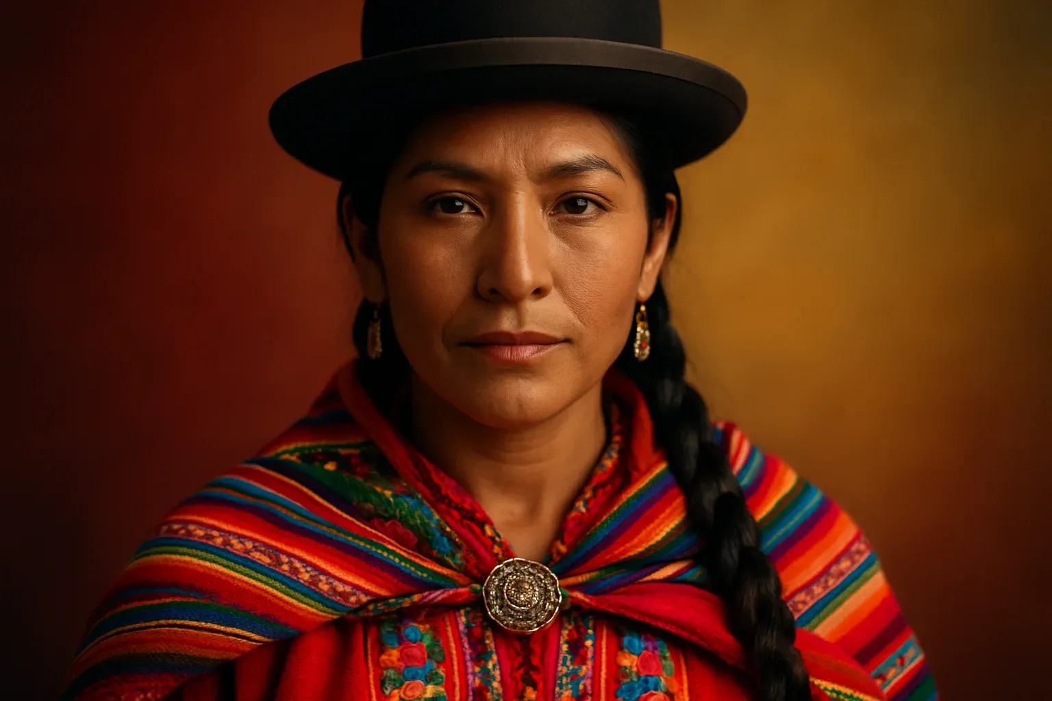Retrato profesional de mujer boliviana con vestimenta tradicional colorida