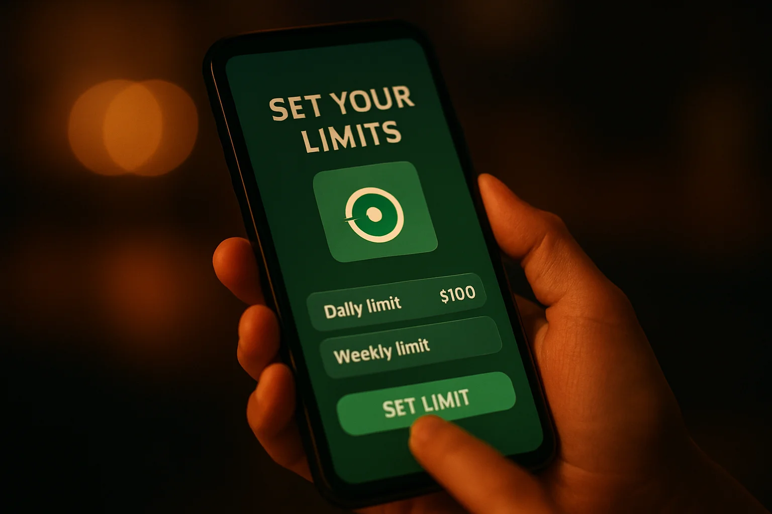 Persona configurando límites en smartphone con ambiente verde de seguridad