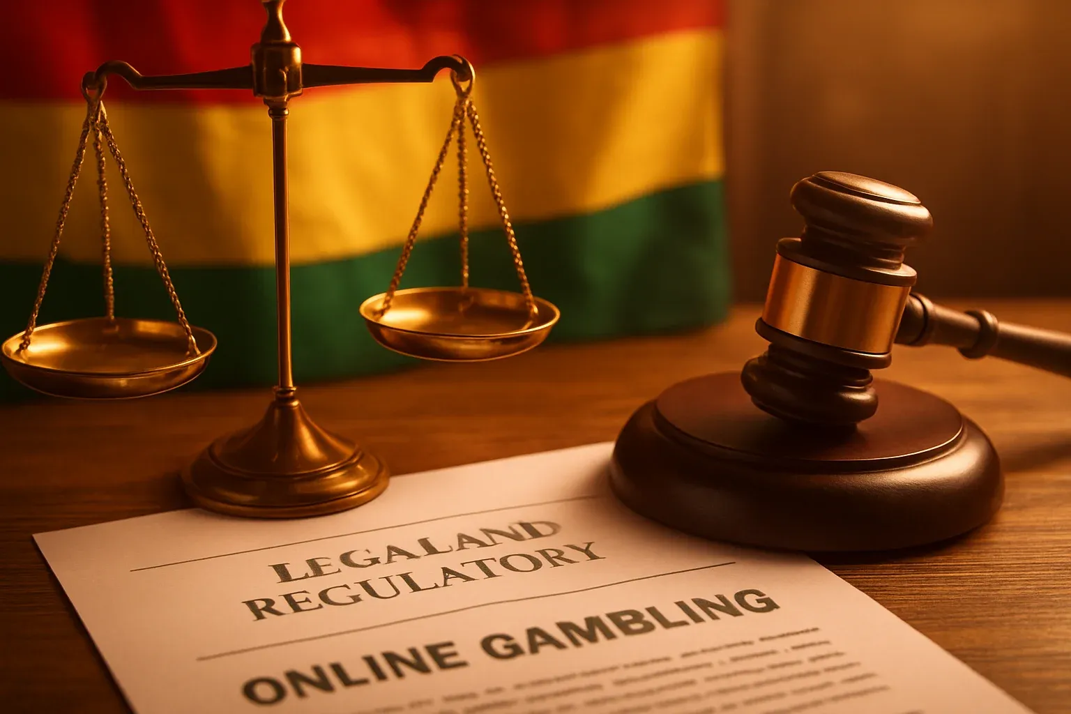 Balanza de justicia y documentos legales sobre juego online en colores de Bolivia