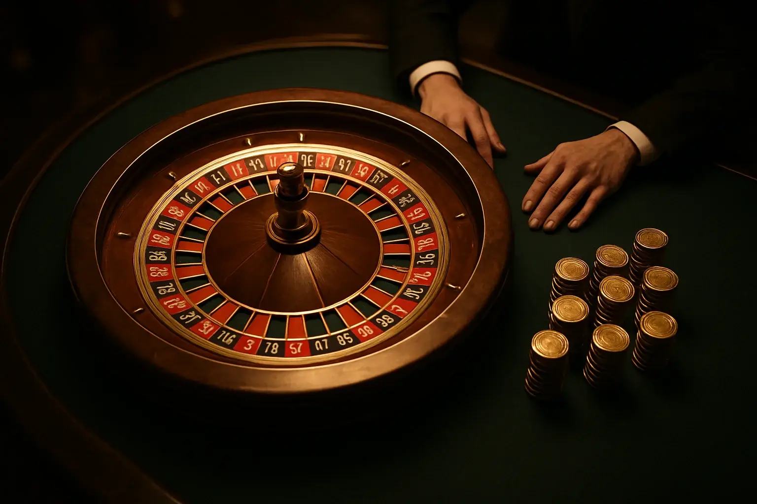 Mesa elegante de casino en vivo con ruleta brillante y fichas doradas