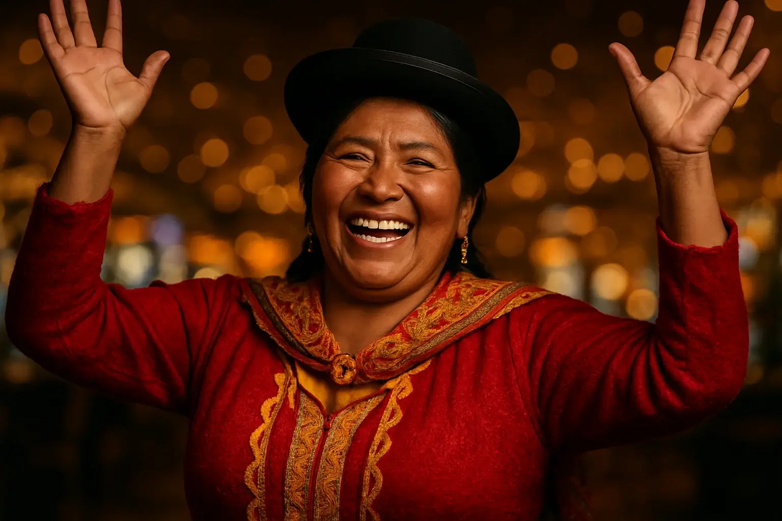 Mujer boliviana alegre con brazos levantados en ambiente festivo de casino