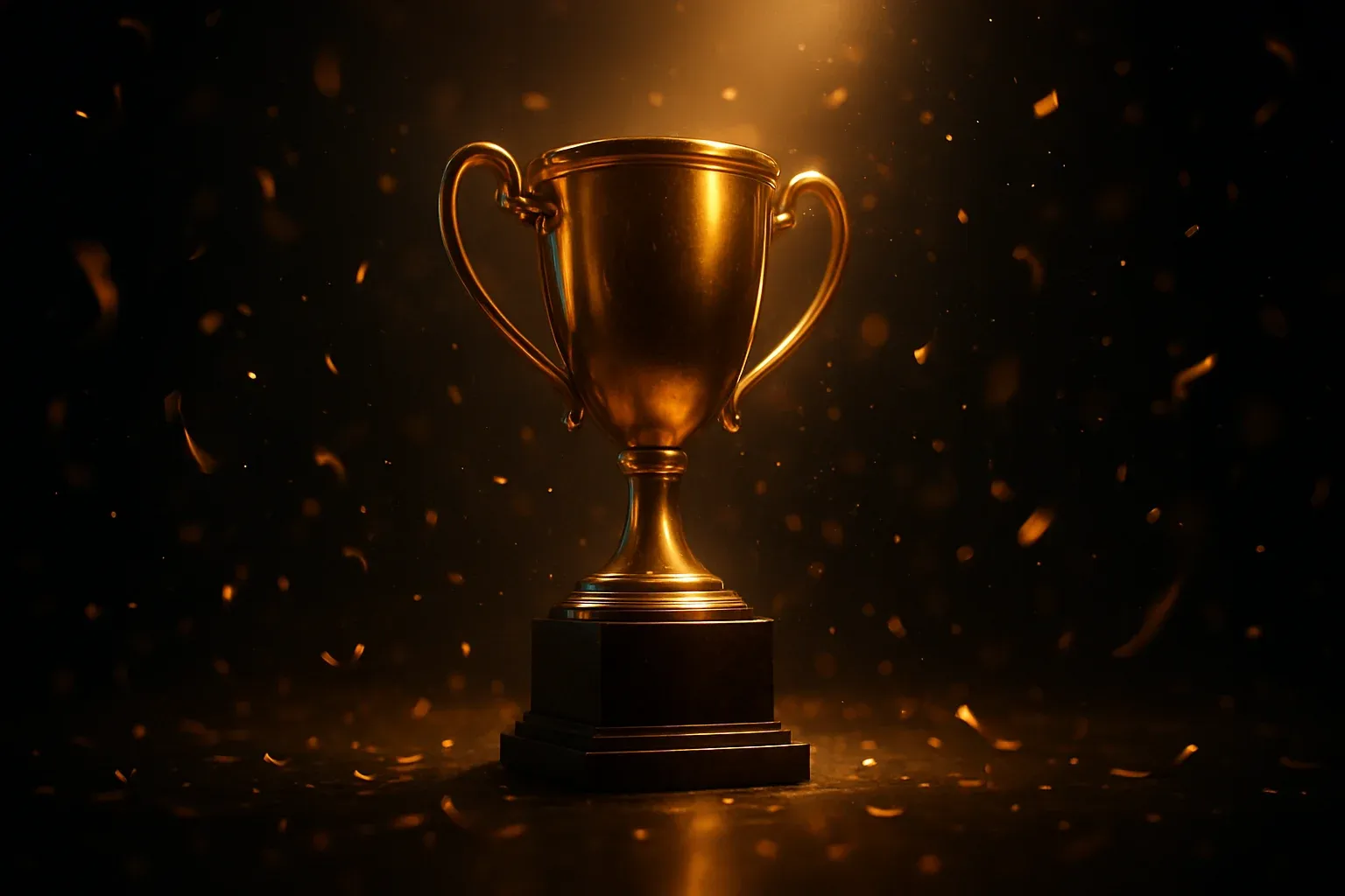 Trofeo dorado brillante sobre pedestal con confeti en ambiente lujoso oscuro
