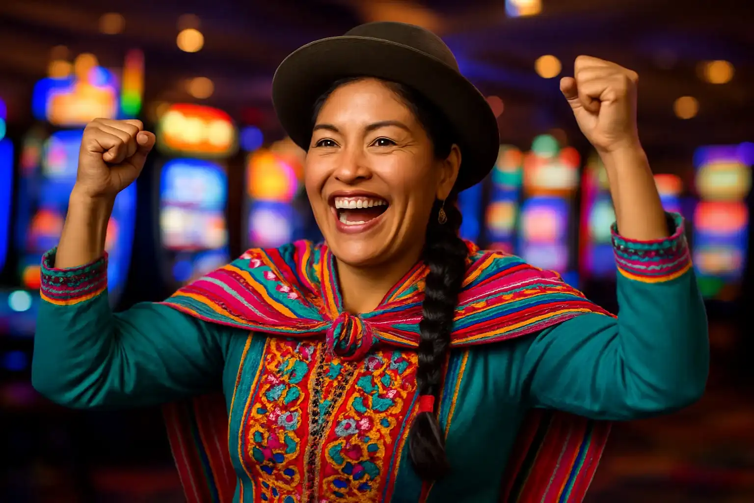 Mujer boliviana con traje tradicional celebrando en casino con tragamonedas desenfocadas
