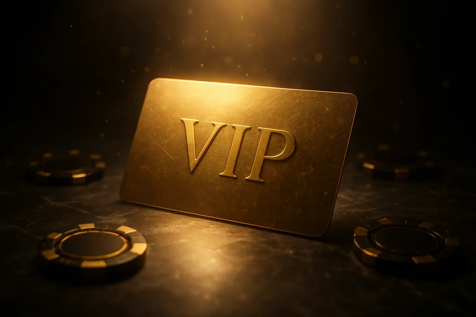 Tarjeta VIP dorada brillante sobre mármol oscuro con fichas premium